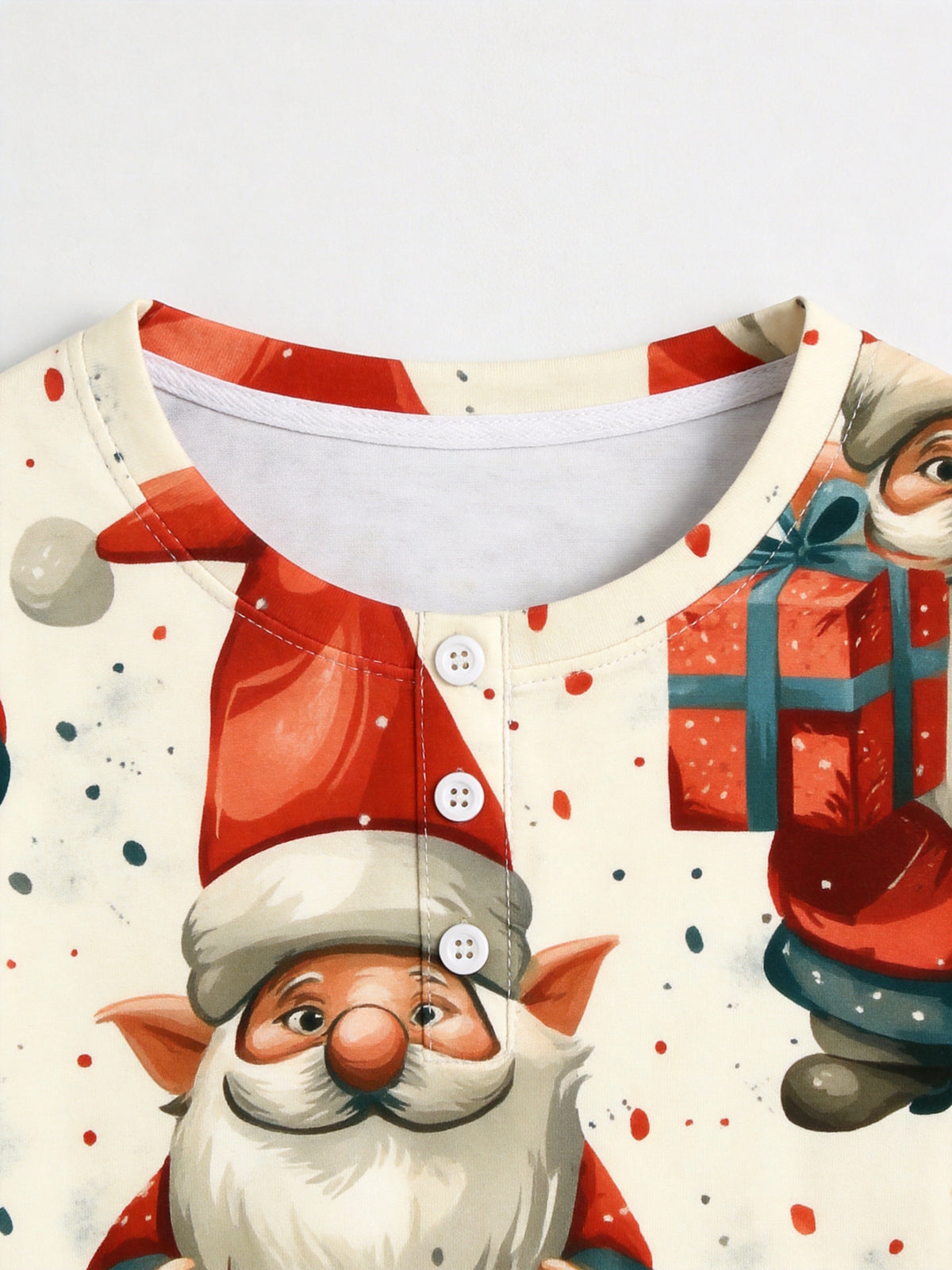 Christmas Santa Gnome with Gift Box Print 3-Button Henley Matching Family Holiday Pyjamas