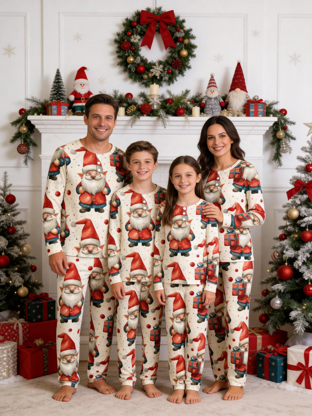 Christmas Santa Gnome with Gift Box Print 3-Button Henley Matching Couple Holiday Pyjamas