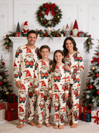 Christmas Santa Gnome with Gift Box Print 3-Button Henley Matching Couple Holiday Pyjamas