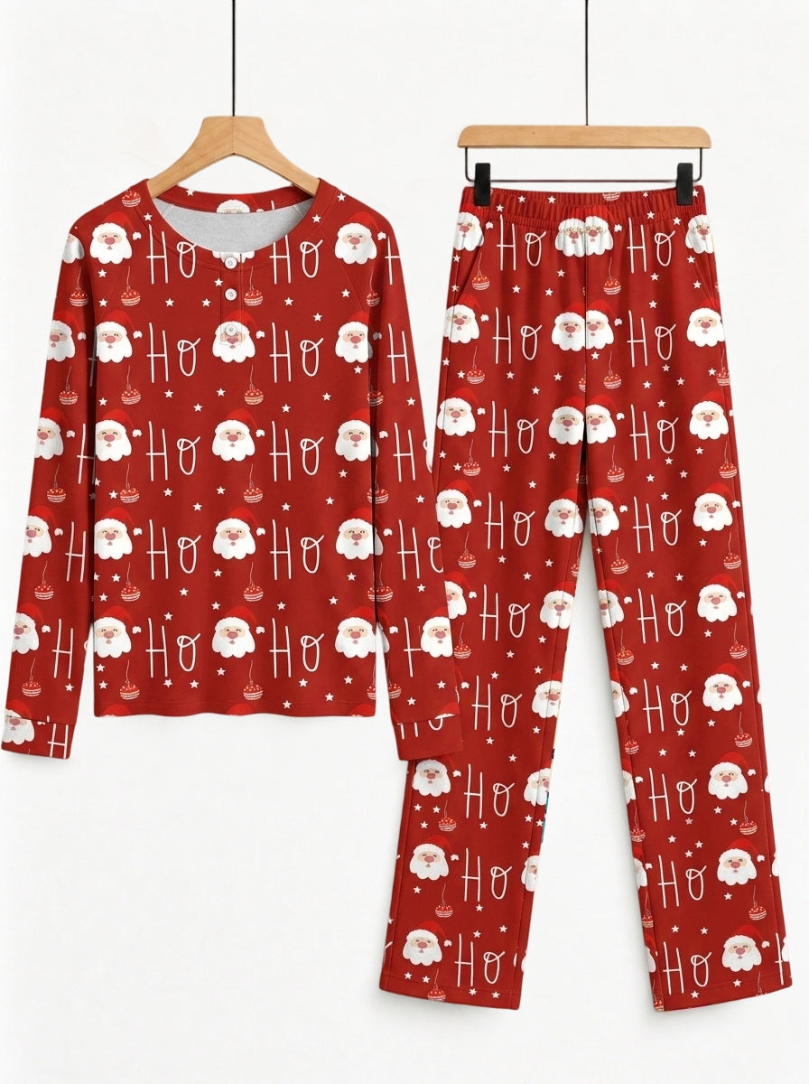 Festive Red Santa Face and Ornaments Print 3-Button Henley Couple Christmas Sleepwear Set