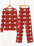 Festive Red Santa Face and Ornaments Print 3-Button Henley Couple Christmas Sleepwear Set