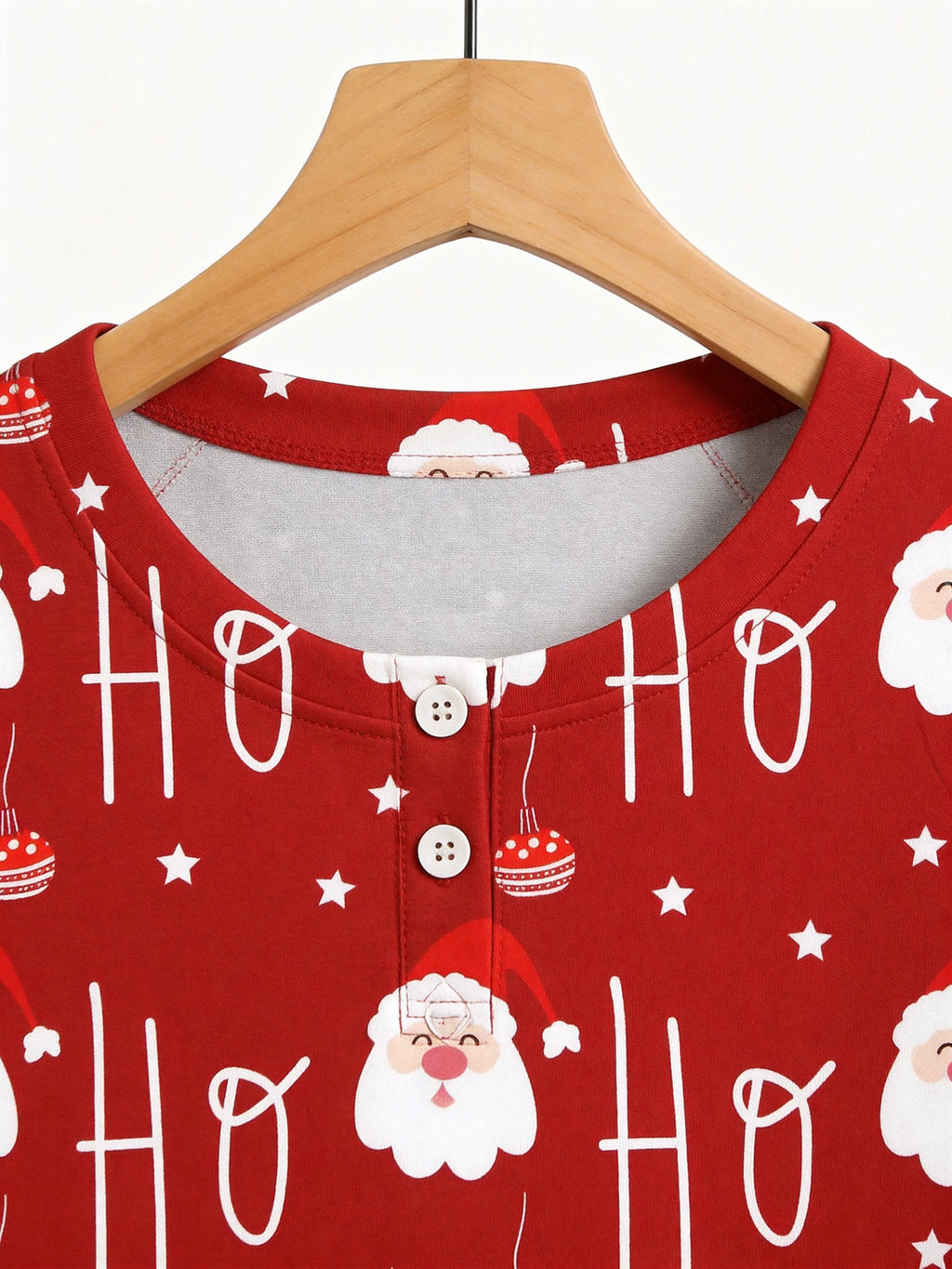 Festive Red Santa Face and Ornaments Print 3-Button Henley Couple Christmas Sleepwear Set