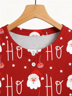 Festive Red Santa Face and Ornaments Print 3-Button Henley Couple Christmas Sleepwear Set