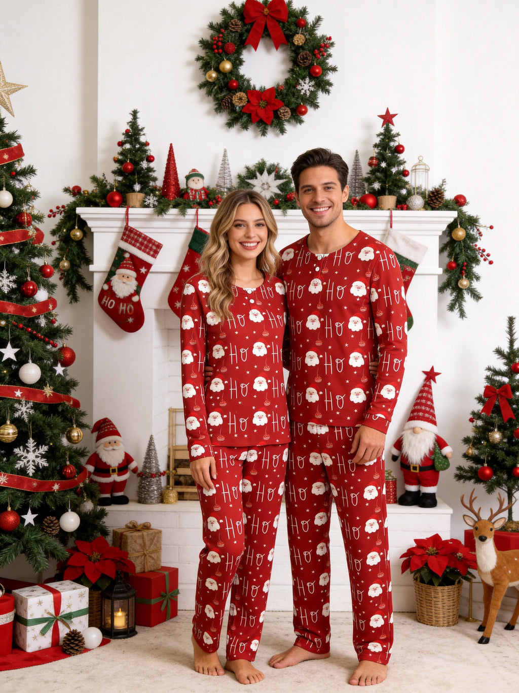 Festive Red Santa Face and Ornaments Print 3-Button Henley Couple Christmas Sleepwear Set