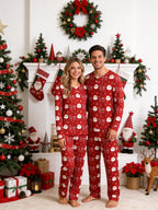 Festive Red Santa Face and Ornaments Print 3-Button Henley Couple Christmas Sleepwear Set