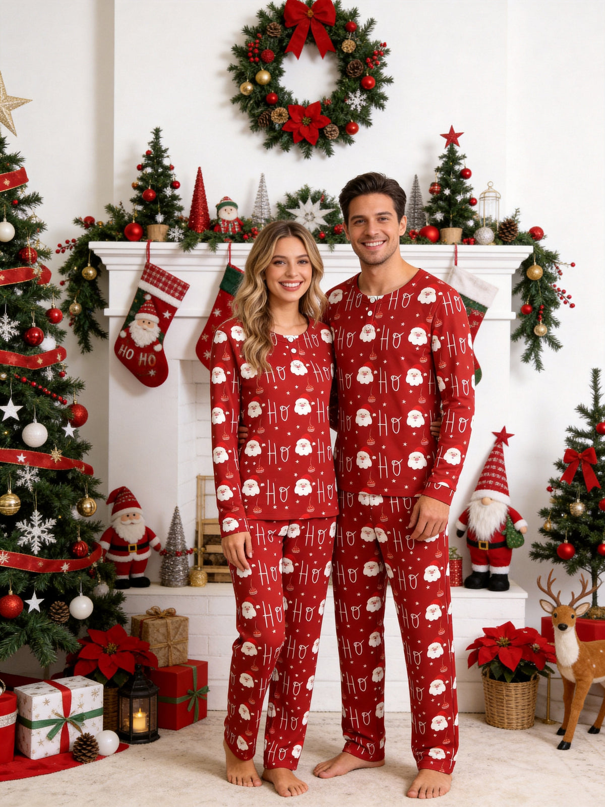 Festive Red Santa Face and Ornaments Print 3-Button Henley Couple Christmas Sleepwear Set