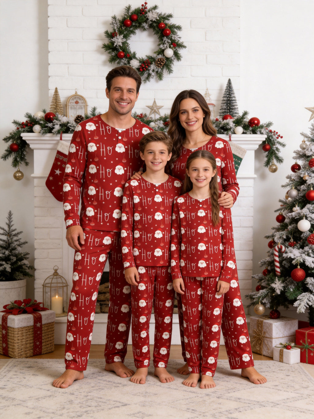 Festive Red Santa Face and Ornaments Print 3-Button Henley Couple Christmas Sleepwear Set