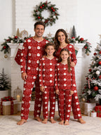 Festive Red Santa Face and Ornaments Print 3-Button Henley Family Christmas Sleepwear Set