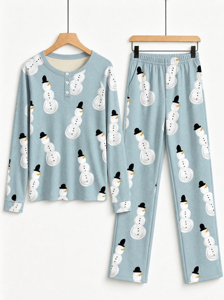 Light Blue Snowman with Top Hat Print 3-Button Henley Couple Matching Holiday Pajamas