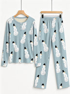 Light Blue Snowman with Top Hat Print 3-Button Henley Family Matching Holiday Pajamas