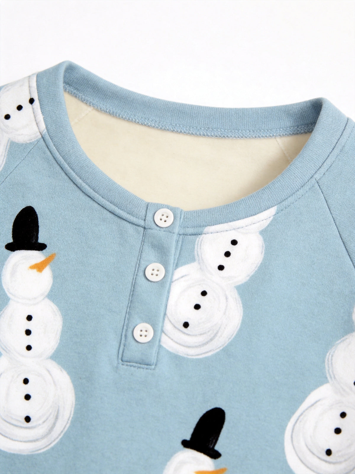 Light Blue Snowman with Top Hat Print 3-Button Henley Couple Matching Holiday Pajamas