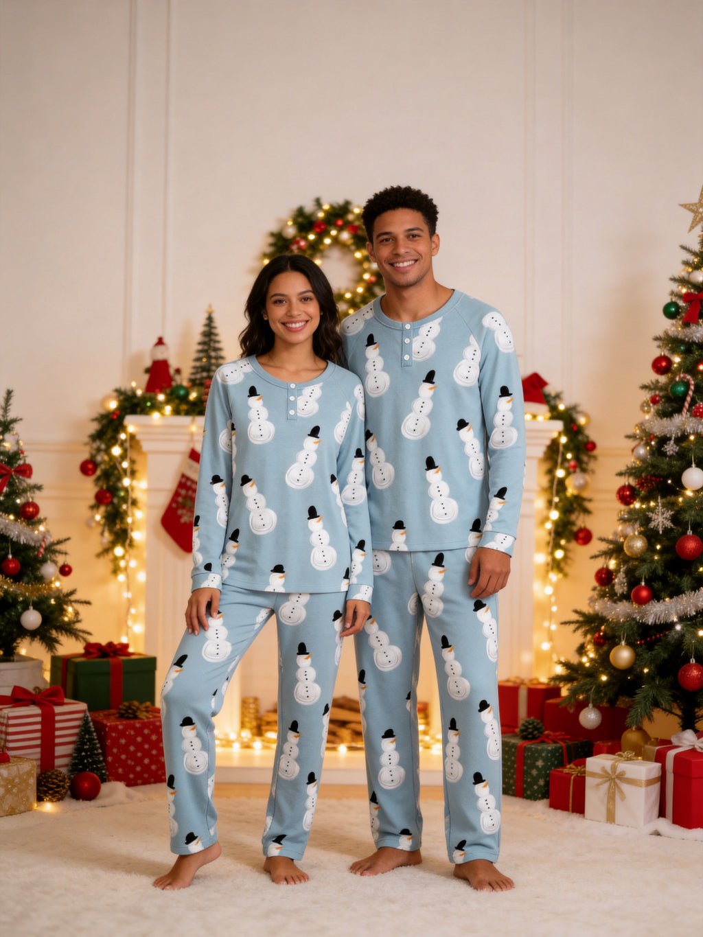 Light Blue Snowman with Top Hat Print 3-Button Henley Couple Matching Holiday Pajamas