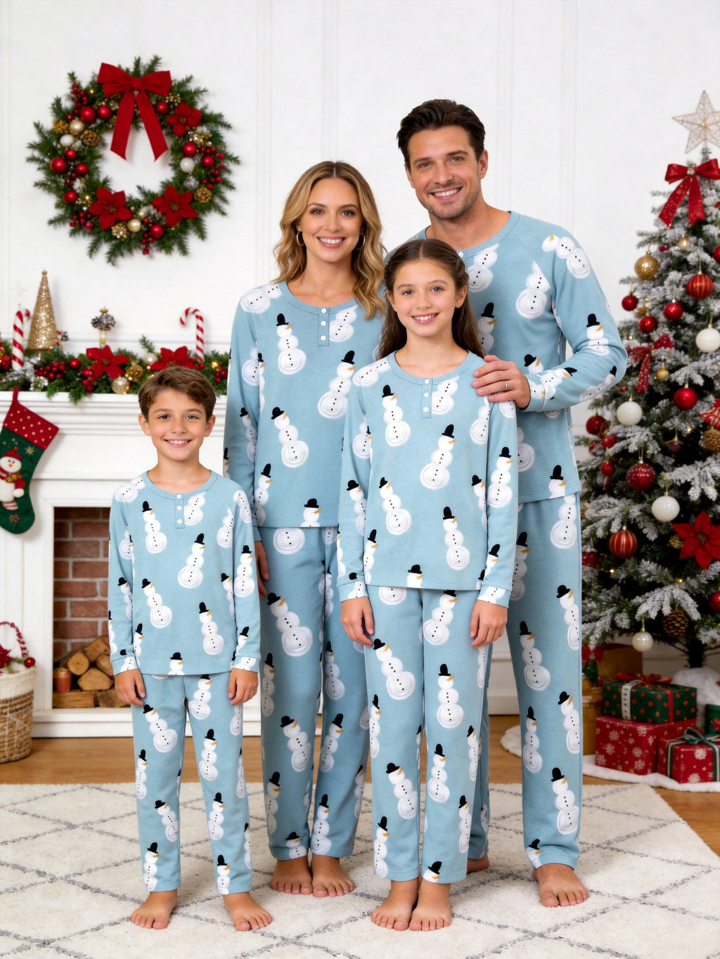 Light Blue Snowman with Top Hat Print 3-Button Henley Couple Matching Holiday Pajamas