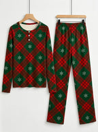 Red Green Plaid Snowflake Print 3-Button Henley Couple Christmas PJs