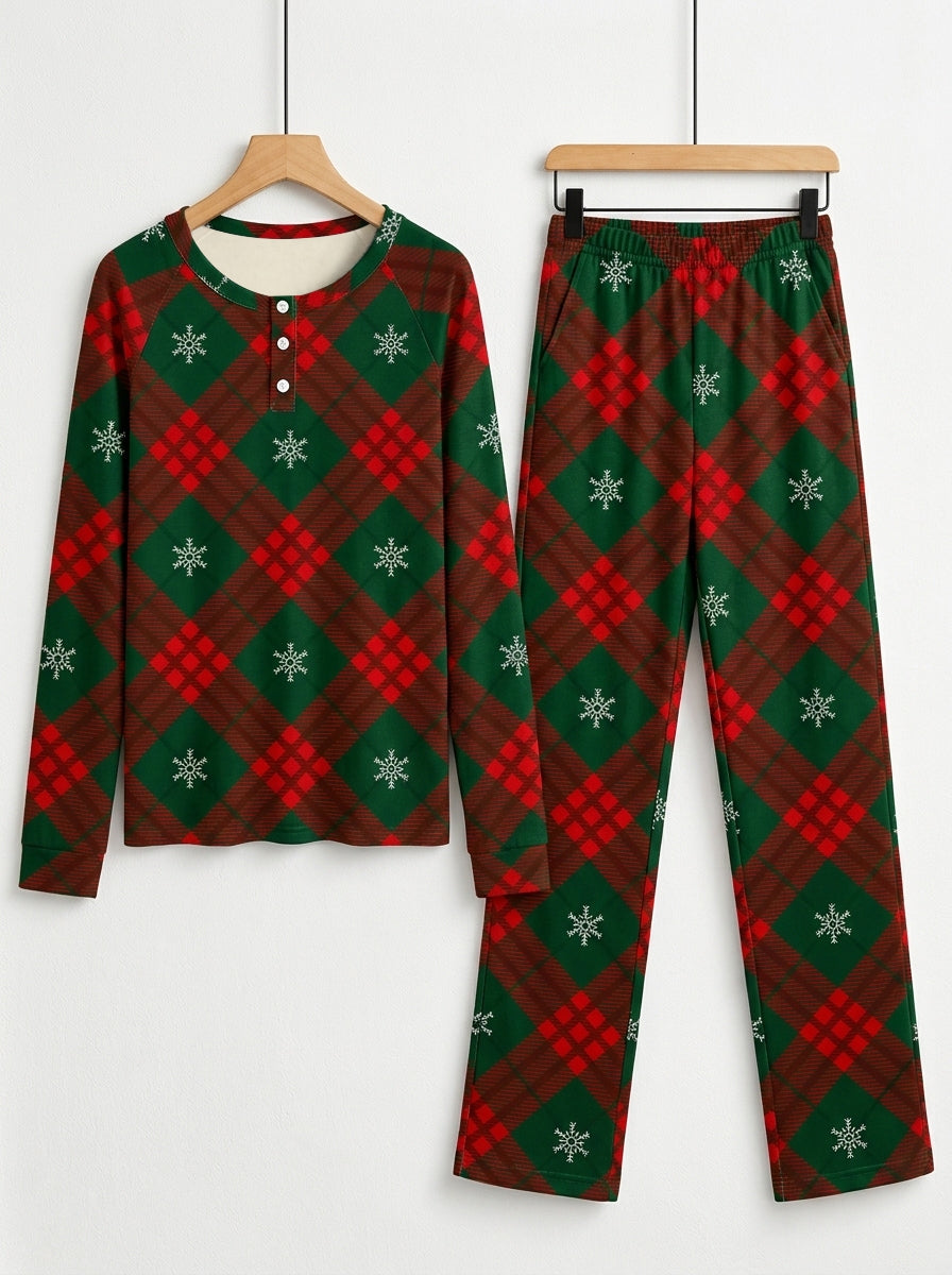 Red Green Plaid Snowflake Print 3-Button Henley Couple Christmas PJs
