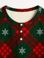 Red Green Plaid Snowflake Print 3-Button Henley Couple Christmas PJs