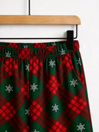 Red Green Plaid Snowflake Print 3-Button Henley Couple Christmas PJs