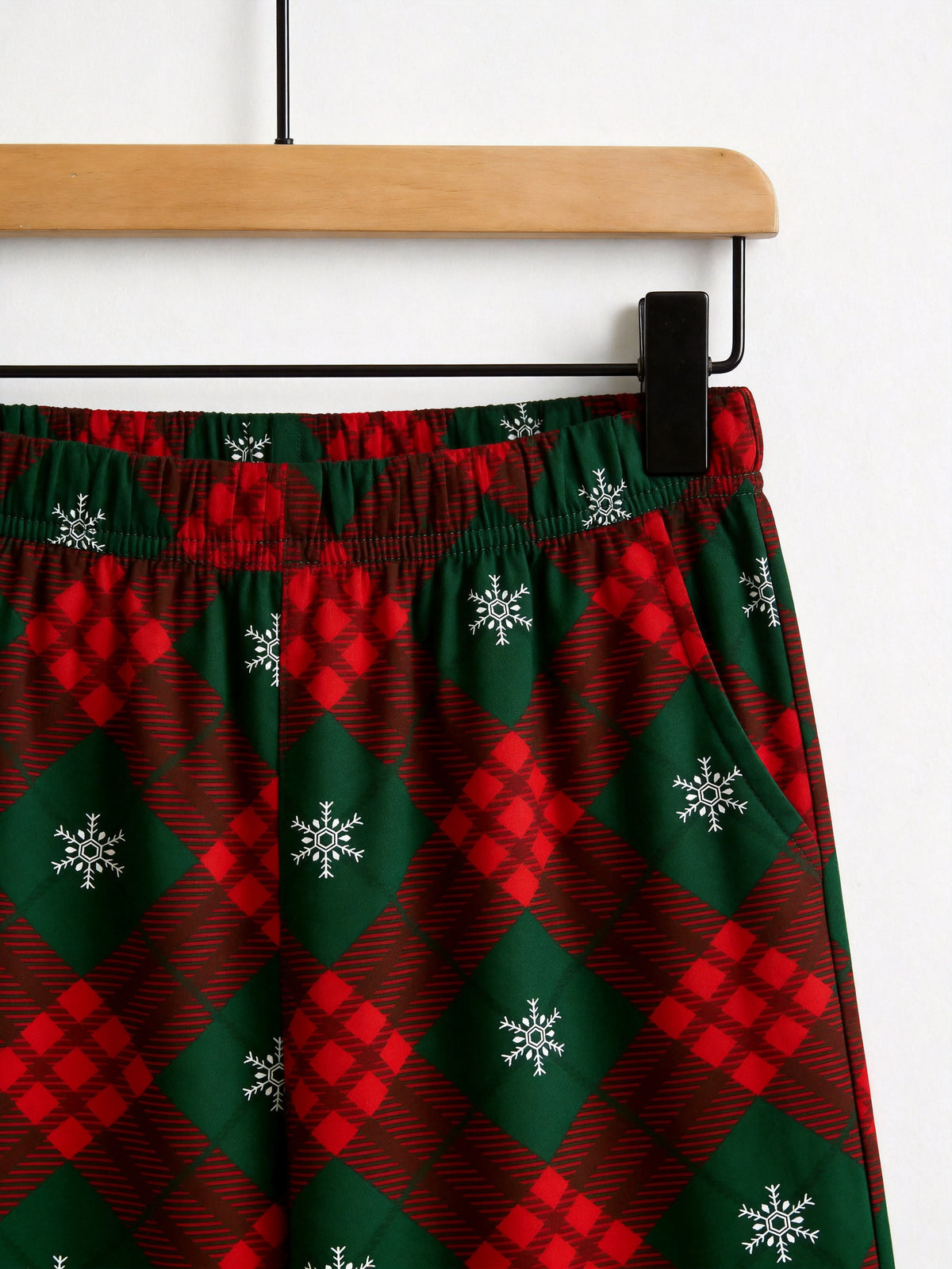 Red Green Plaid Snowflake Print 3-Button Henley Couple Christmas PJs
