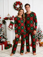 Red Green Plaid Snowflake Print 3-Button Henley Couple Christmas PJs