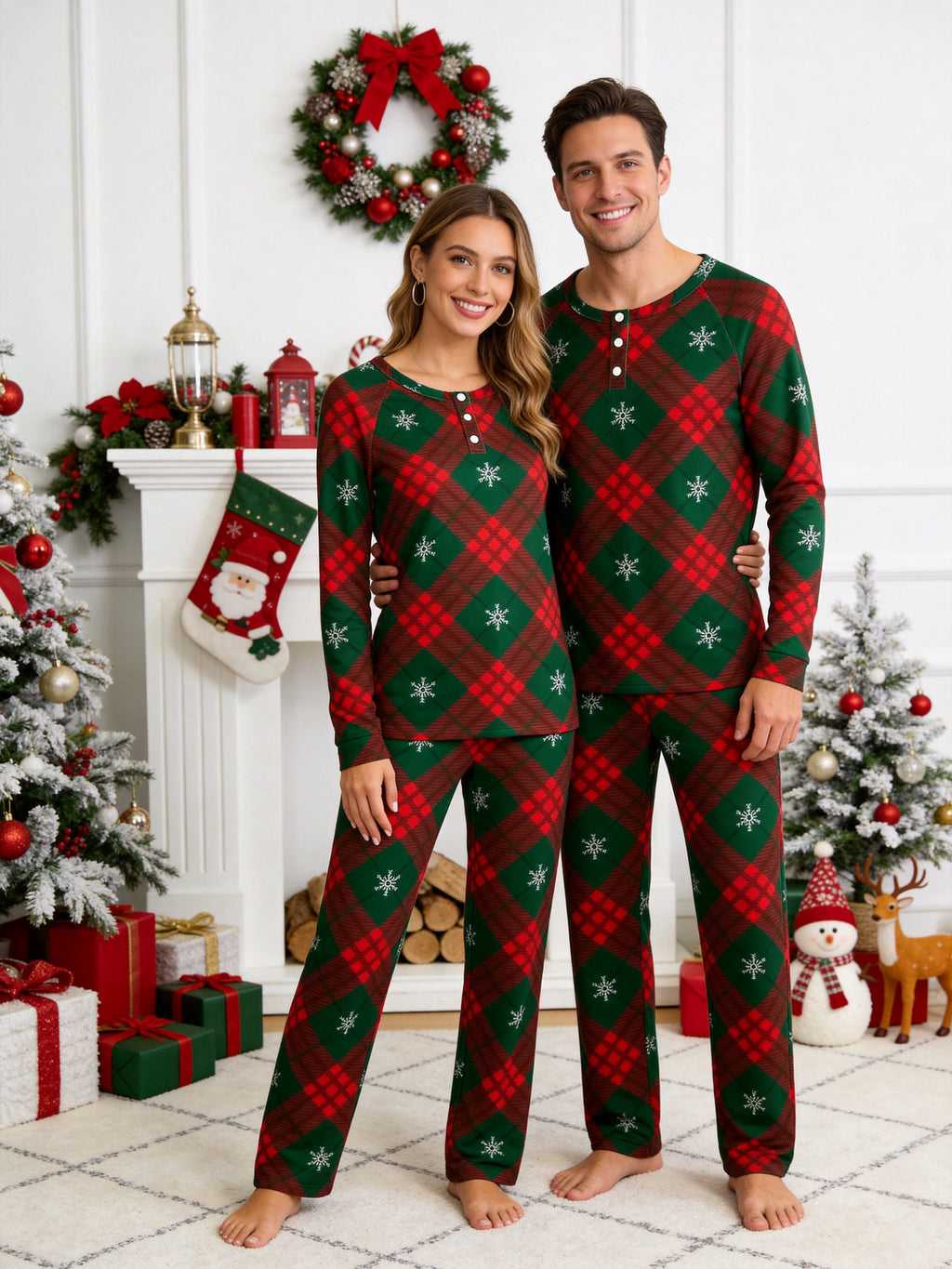 Red Green Plaid Snowflake Print 3-Button Henley Family Christmas PJs