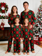 Red Green Plaid Snowflake Print 3-Button Henley Couple Christmas PJs