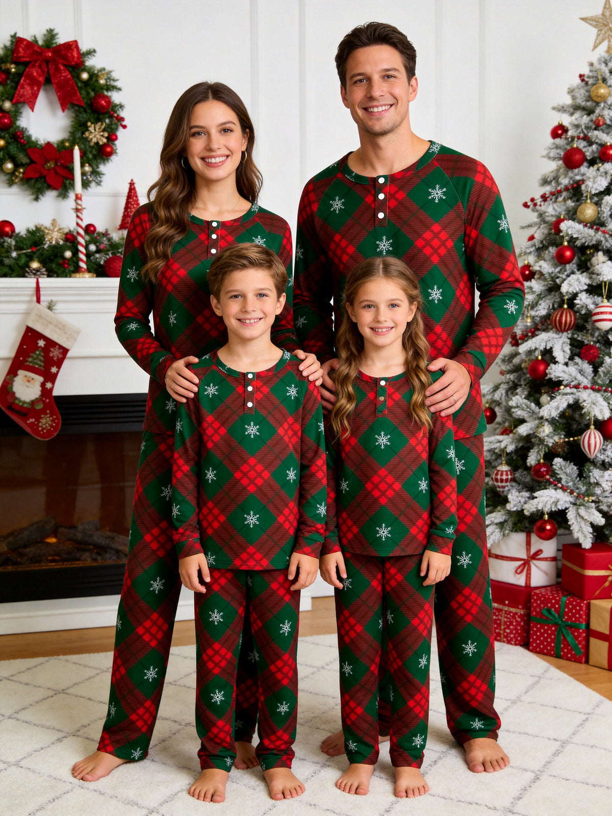 Red Green Plaid Snowflake Print 3-Button Henley Couple Christmas PJs