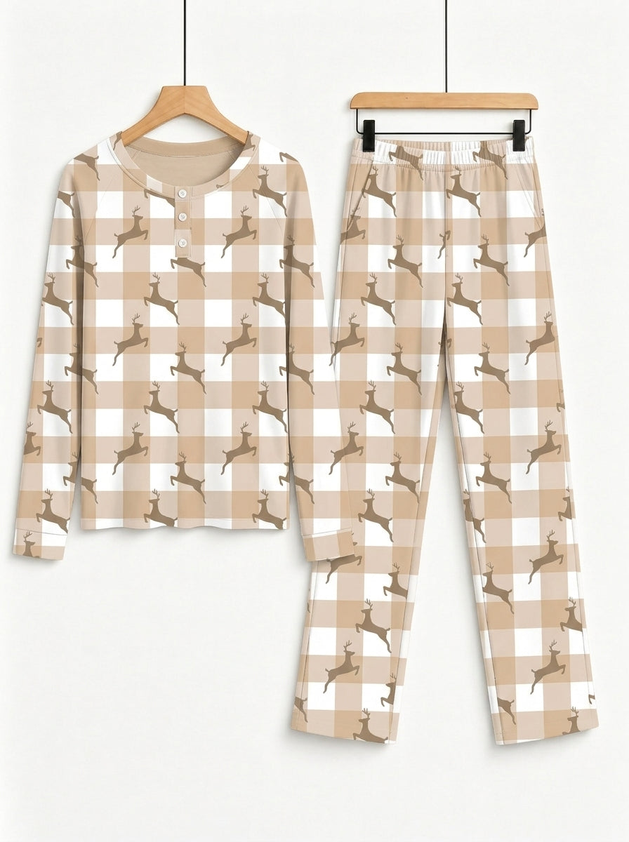 Beige Buffalo Plaid Reindeer Print 3-Button Henley Matching Couple Sleepwear Set