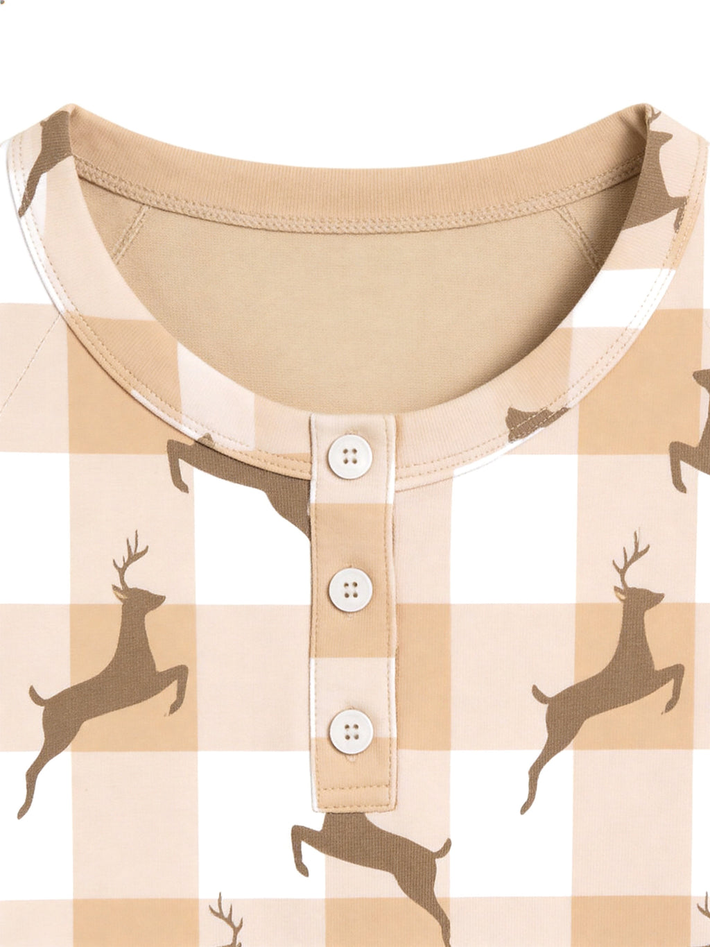 Beige Buffalo Plaid Reindeer Print 3-Button Henley Matching Couple Sleepwear Set