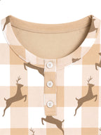Beige Buffalo Plaid Reindeer Print 3-Button Henley Matching Couple Sleepwear Set