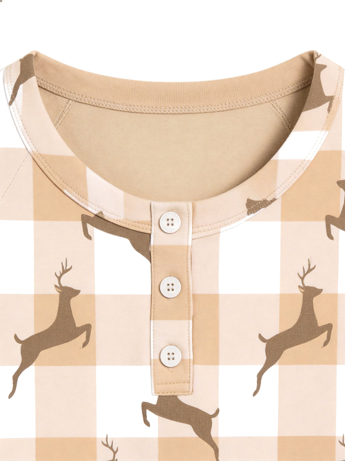 Beige Buffalo Plaid Reindeer Print 3-Button Henley Matching Couple Sleepwear Set