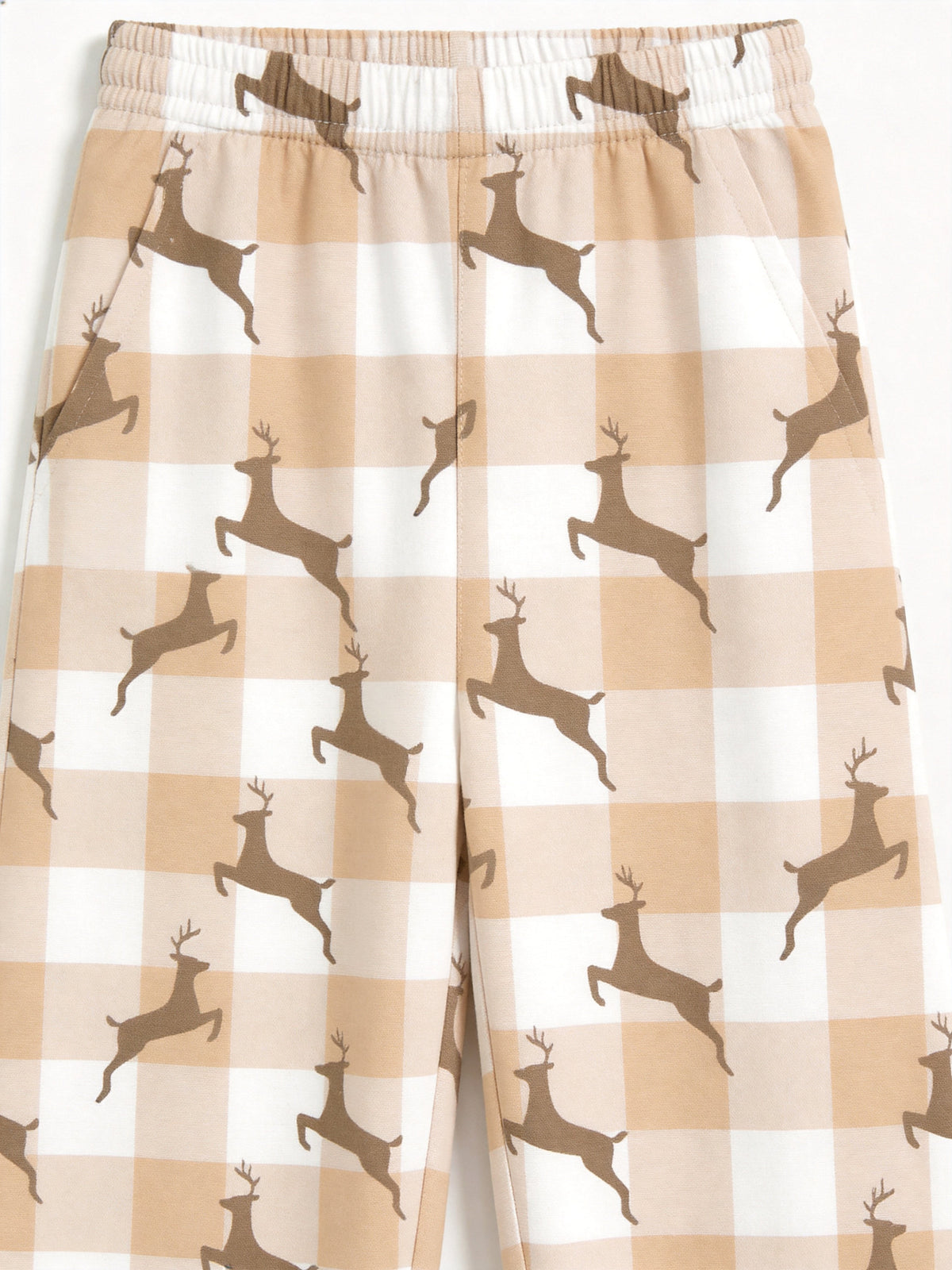 Beige Buffalo Plaid Reindeer Print 3-Button Henley Matching Couple Sleepwear Set
