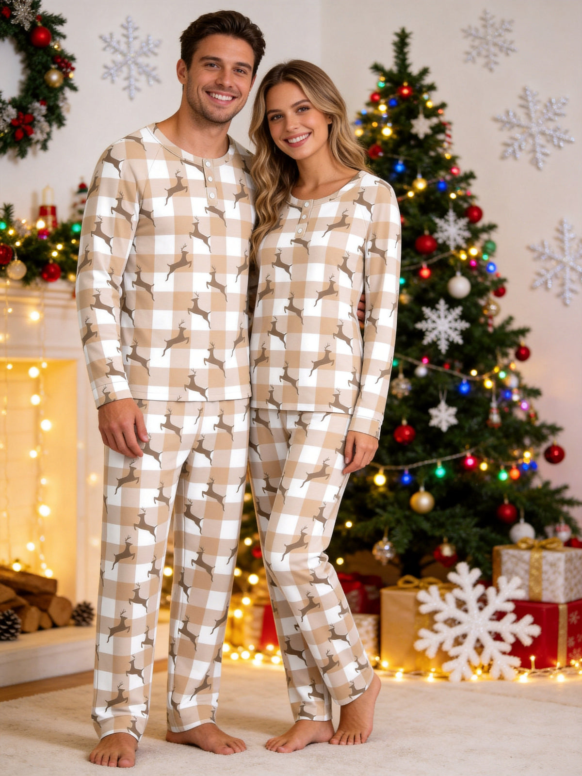 Beige Buffalo Plaid Reindeer Print 3-Button Henley Matching Couple Sleepwear Set