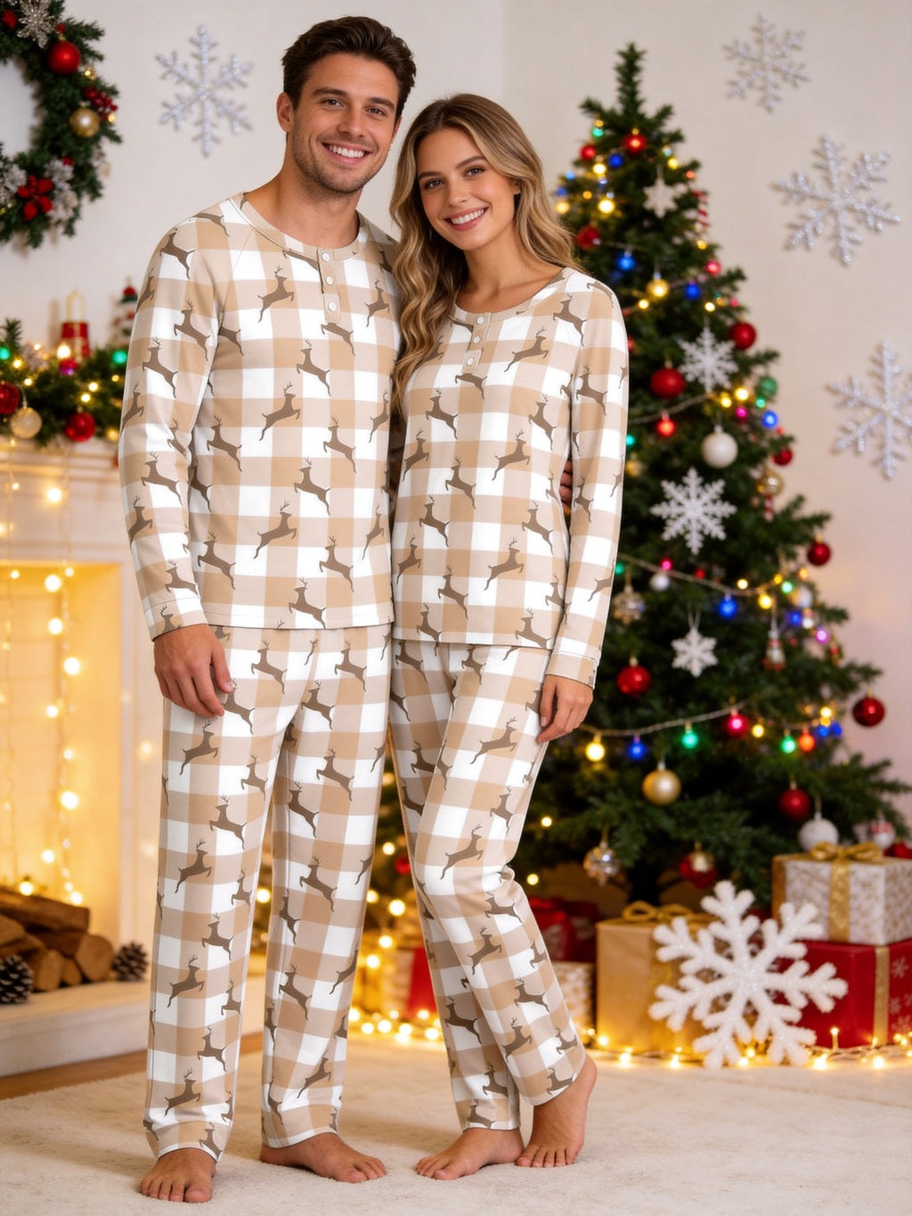 Beige Buffalo Plaid Reindeer Print 3-Button Henley Matching Family Sleepwear Set