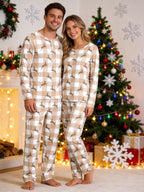 Beige Buffalo Plaid Reindeer Print 3-Button Henley Matching Family Sleepwear Set