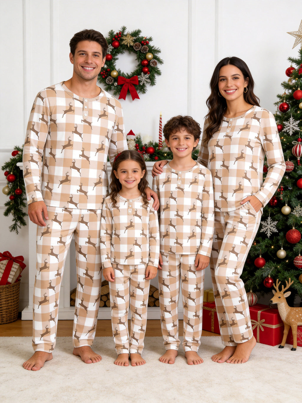 Beige Buffalo Plaid Reindeer Print 3-Button Henley Matching Couple Sleepwear Set