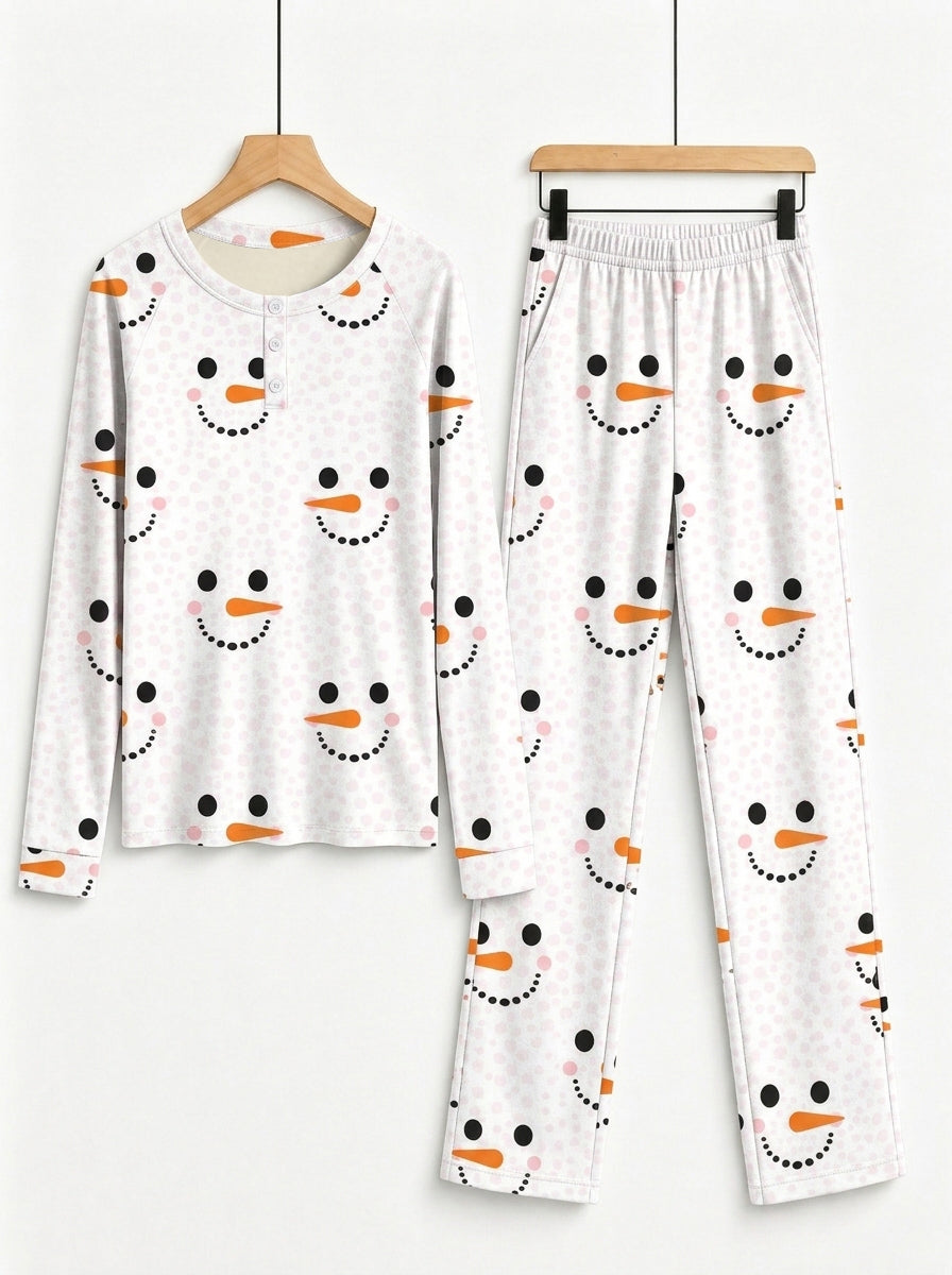 Matching Couple Christmas Pajamas Set Pink Polka Dot Snowman Face Print 3-Button Henley Sleepwear