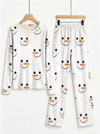 Matching Couple Christmas Pajamas Set Pink Polka Dot Snowman Face Print 3-Button Henley Sleepwear