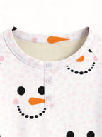 Matching Family Christmas Pajamas Set Pink Polka Dot Snowman Face Print 3-Button Henley Sleepwear