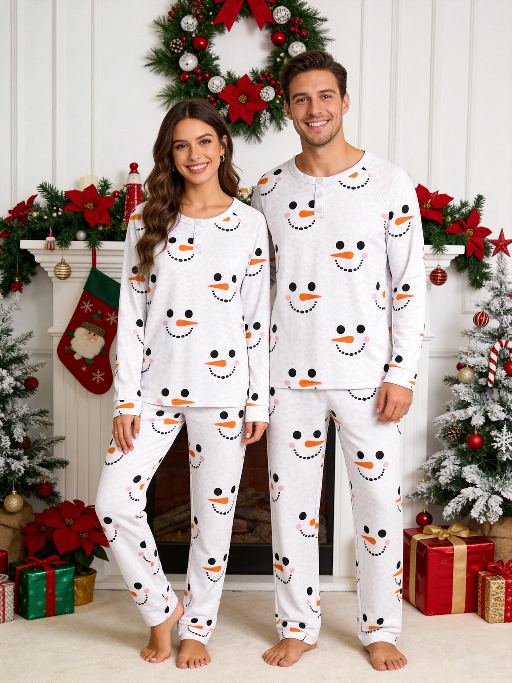Matching Couple Christmas Pajamas Set Pink Polka Dot Snowman Face Print 3-Button Henley Sleepwear