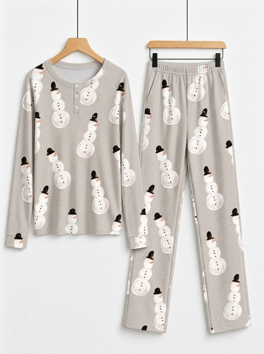 Couple Christmas Pyjamas Set Grey Classic Snowman Print 3-Button Henley Holiday Sleepwear