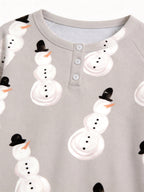 Couple Christmas Pyjamas Set Grey Classic Snowman Print 3-Button Henley Holiday Sleepwear