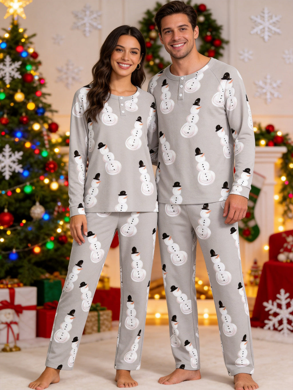 Family Christmas Pyjamas Set Grey Classic Snowman Print 3-Button Henley Holiday Sleepwear
