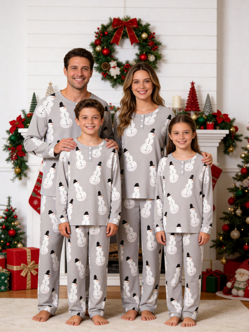 Family Christmas Pyjamas Set Grey Classic Snowman Print 3-Button Henley Holiday Sleepwear