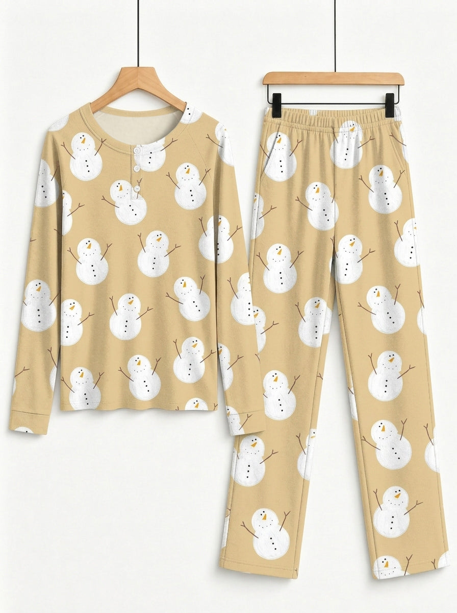 Matching Couple Holiday PJs Khaki Cute Snowman Print 3-Button Henley Sleepwear Set