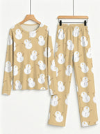 Matching Family Holiday PJs Khaki Cute Snowman Print 3-Button Henley Sleepwear Set