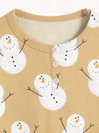 Matching Couple Holiday PJs Khaki Cute Snowman Print 3-Button Henley Sleepwear Set