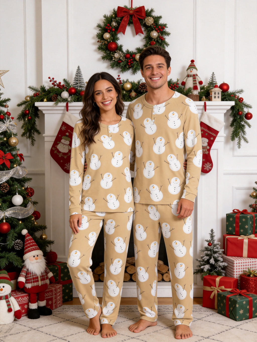 Matching Couple Holiday PJs Khaki Cute Snowman Print 3-Button Henley Sleepwear Set