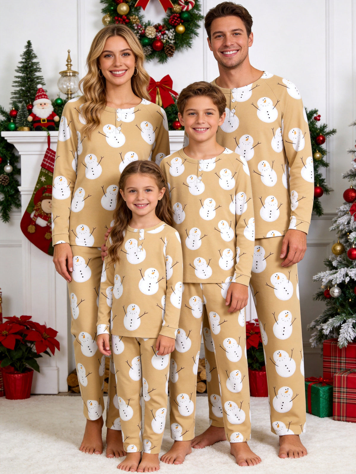 Matching Couple Holiday PJs Khaki Cute Snowman Print 3-Button Henley Sleepwear Set