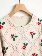 Vintage Diamond Plaid Holly Berry Print 3-Button Henley Family Holiday Pyjamas