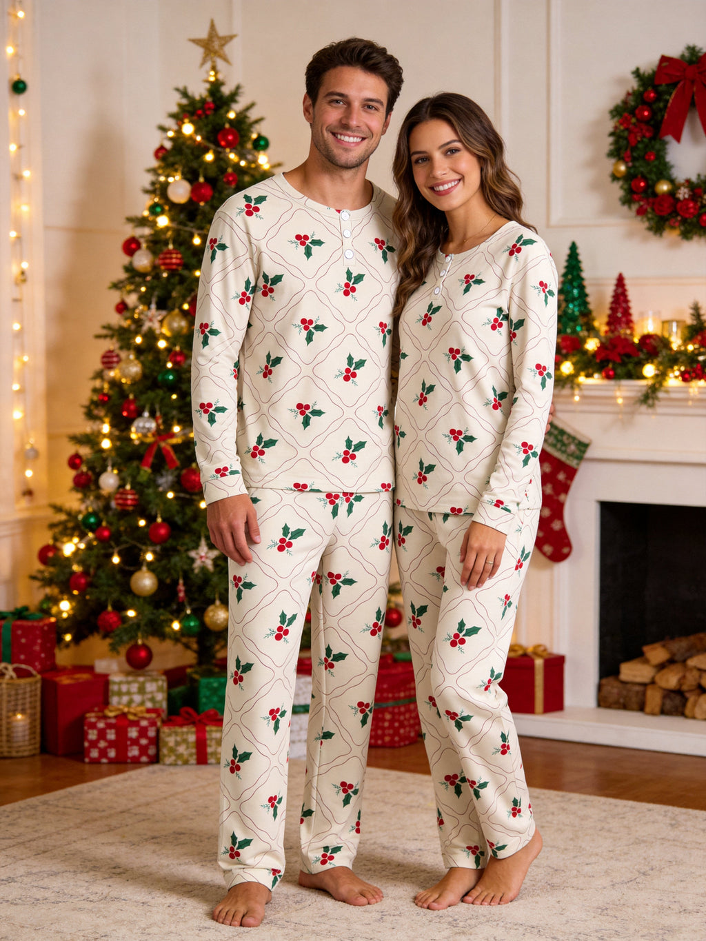 Vintage Diamond Plaid Holly Berry Print 3-Button Henley Couple Holiday Pyjamas
